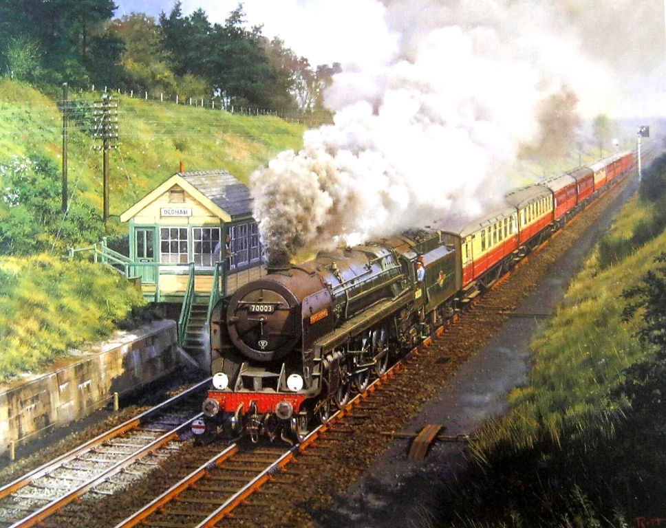 70003 <i>John Bunyan</i> with train passing Dedham